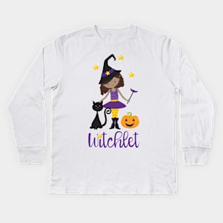 Witchy Gift Kid Witch Halloween Pumpkin Design Black Cat Spooky Autumn Design Kids Long Sleeve T-Shirt